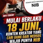 Konten kreator digital sedang membuat konten media sosial dengan ilustrasi dokumen NIB sebagai simbol legalitas usaha yang diwajibkan pemerintah mulai 18 Juni 2026.