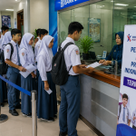 Siswa dan orang tua mengantre di bank untuk mencairkan bantuan Program Indonesia Pintar (PIP) Termin II Tahun 2026 yang mulai disalurkan pemerintah.