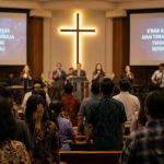 Umat Kristiani mengikuti kebaktian di dalam gereja dengan khusyuk, menyanyikan pujian dan mendengarkan firman Tuhan sebagai sumber kekuatan, pengharapan, serta penguatan iman di tengah tantangan kehidupan.