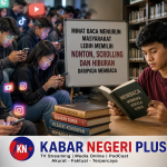 Seorang remaja fokus menggulir media sosial di smartphone sementara buku-buku di meja terlihat tidak tersentuh, menggambarkan menurunnya minat baca di era digital.