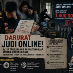 Ilustrasi bahaya judi online di Indonesia dengan tampilan ponsel, transaksi digital, uang yang hilang, serta simbol peringatan terhadap maraknya perjudian online yang merugikan masyarakat.