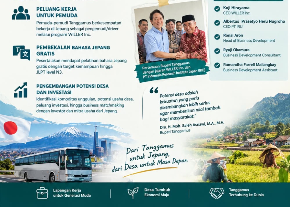 Bupati Tanggamus Moh. Saleh Asnawi menjajaki kerja sama dengan WILLER Inc. dan PT IRIJ untuk peluang kerja pemuda di Jepang.
