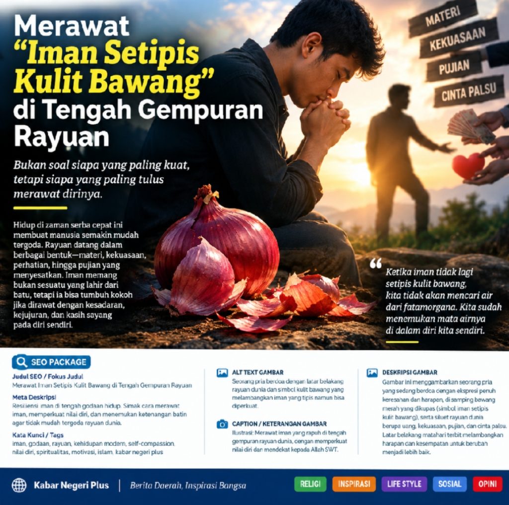 Ilustrasi seorang Muslim merenungi pentingnya menjaga iman dan keteguhan hati di tengah godaan kehidupan dunia.