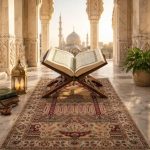 Al-Qur’an terbuka di dekat sajadah pada waktu Subuh sebagai pengingat pentingnya ibadah dan bekal akhirat.