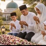 Suasana ziarah kubur di pemakaman Muslim dengan seseorang berdoa untuk orang tua yang telah meninggal.